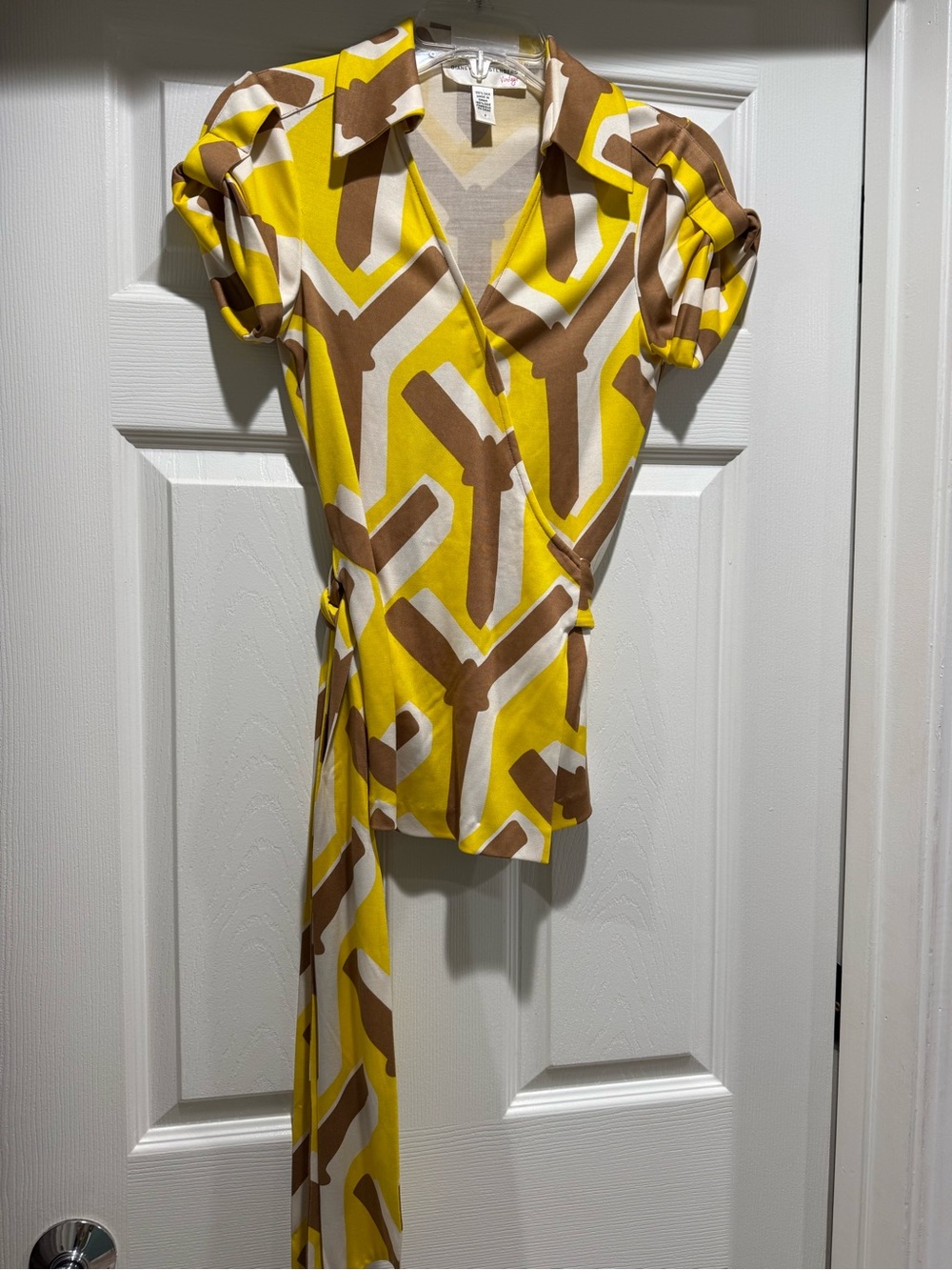 Diane Von Furstenberg Yellow, Brown & Cream Geometric Wrap Blouse